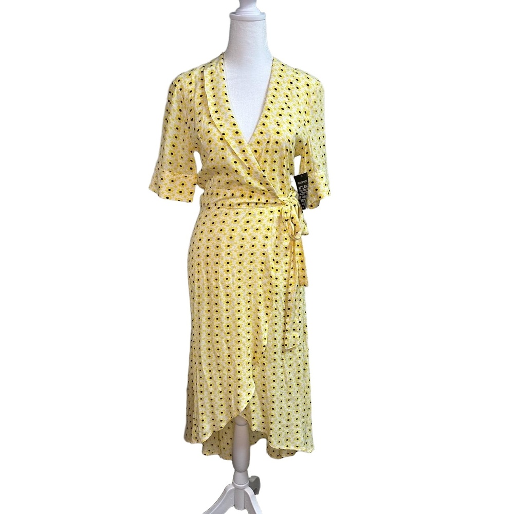 Ganni Yellow Daisy Floral Polka‎ Dot Viscose Wrap Midi Dress Tie Waist 34 US 2-4
